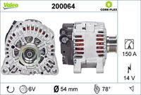 VALEO 200064 - año construcción desde: 09/2000<br>Clase de caja de cambios: Caja de cambios manual, 5 marchas<br>Tensión [V]: 14<br>Corriente de carga alternador [A]: 150<br>Tipo de sujeción: Fijación de cuatro puntos<br>Posición/Grado: L  40<br>Sentido de giro: Sentido de giro a la derecha (horario)<br>Poleas: con polea<br>Poleas: con polea de rueda libre<br>Número de nervaduras: 6<br>poleas - Ø [mm]: 58<br>Pinza: B+<br>Peso [kg]: 7,09<br>