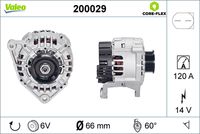 VALEO 200029 - Corriente de carga alternador [A]: 120<br>Tensión [V]: 12<br>Número de canales: 6<br>Cantidad de agujeros de fijación: 3<br>Pinza: B+ M8<br>poleas - Ø [mm]: 65<br>para artículo nr.: A12VA0240A2<br>para OE N°: 06B 903 018EX<br>Calidad: OE EQUIVALENT<br>