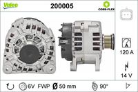 VALEO 200005 - Corriente de carga alternador [A]: 125<br>Tensión [V]: 12<br>Número de canales: 6<br>Cantidad de agujeros de fijación: 4<br>Poleas: con polea de rueda libre<br>Pinza: B+ M8<br>poleas - Ø [mm]: 49<br>Calidad: OE EQUIVALENT<br>Referencia artículo par: 455024<br>