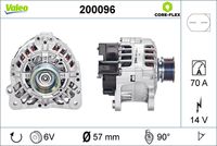 VALEO 200096 - año construcción hasta: 06/2005<br>Clase de caja de cambios: Caja de cambios manual, 5 marchas<br>Tensión [V]: 14<br>Corriente de carga alternador [A]: 90<br>Tipo de sujeción: Fijación de cuatro puntos<br>Posición/Grado: R  90<br>Sentido de giro: Sentido de giro a la derecha (horario)<br>Poleas: sin polea<br>Pinza: B+<br>Peso [kg]: 5,638<br>