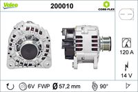 VALEO 200010 - Clase de caja de cambios: Automática, 5 vel.<br>Clase de caja de cambios: Caja de cambios manual, 6 marchas<br>Tensión [V]: 14<br>Corriente de carga alternador [A]: 120<br>Tipo de sujeción: Fijación de tres puntos<br>Posición/Grado: R  90<br>Sentido de giro: Sentido de giro a la derecha (horario)<br>Poleas: con polea<br>Poleas: con polea de rueda libre<br>Número de nervaduras: 5<br>poleas - Ø [mm]: 57<br>Pinza: B+<br>Peso [kg]: 6,82<br>