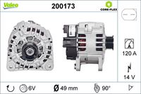 VALEO 200173 - Clase de caja de cambios: Caja de cambios manual, 5 marchas<br>Tensión [V]: 14<br>Corriente de carga alternador [A]: 70<br>Tipo de sujeción: Fijación de tres puntos<br>Posición/Grado: R  90<br>Sentido de giro: Sentido de giro a la derecha (horario)<br>Poleas: con polea<br>Poleas: con polea para correa poli V<br>Número de nervaduras: 6<br>poleas - Ø [mm]: 57<br>Pinza: B+<br>Peso [kg]: 5,82<br>