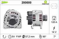 VALEO 200000 - Corriente de carga alternador [A]: 120<br>Tensión [V]: 12<br>Número de canales: 5<br>Cantidad de agujeros de fijación: 4<br>Poleas: con polea de rueda libre<br>Pinza: B+ M8<br>poleas - Ø [mm]: 56<br>para artículo nr.: A12BH1150A2<br>Calidad: OE EQUIVALENT<br>Referencia artículo par: 455004<br>