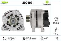 VALEO 200193 - año construcción desde: 09/2000<br>Clase de caja de cambios: Caja de cambios manual, 5 marchas<br>Tensión [V]: 14<br>Corriente de carga alternador [A]: 150<br>Tipo de sujeción: Fijación de cuatro puntos<br>Posición/Grado: L  40<br>Sentido de giro: Sentido de giro a la derecha (horario)<br>Poleas: con polea<br>Poleas: con polea de rueda libre<br>Número de nervaduras: 6<br>poleas - Ø [mm]: 58<br>Conexión / terminal/borne: sin conexión para cuentarrevoluciones<br>Pinza: B+<br>Peso [kg]: 7,46<br>