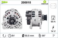 VALEO 200015 - año construcción desde: 09/2000<br>año construcción hasta: 06/2003<br>Código de motor: AUD<br>Clase de caja de cambios: Caja de cambios manual, 5 marchas<br>Tensión [V]: 14<br>Corriente de carga alternador [A]: 90<br>Tipo de sujeción: Fijación de cuatro puntos<br>Posición/Grado: R  90<br>Sentido de giro: Sentido de giro a la derecha (horario)<br>Poleas: con polea<br>Poleas: con polea para correa poli V<br>Número de nervaduras: 6<br>poleas - Ø [mm]: 57<br>Pinza: L / DFM<br>Peso [kg]: 5,55<br>