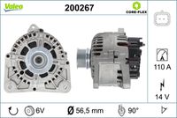 VALEO 200267 - Corriente de carga alternador [A]: 90<br>Tensión [V]: 12<br>Número de canales: 6<br>Cantidad de agujeros de fijación: 4<br>Pinza: B+ M8<br>poleas - Ø [mm]: 56<br>para artículo nr.: A12VA0425A2<br>para OE N°: 77 11 497 535<br>Calidad: OE EQUIVALENT<br>