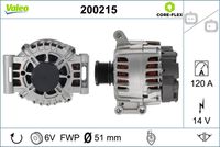 VALEO 200215 - Corriente de carga alternador [A]: 120<br>Tensión [V]: 12<br>Número de canales: 6<br>Cantidad de agujeros de fijación: 3<br>Versión: ARMAN<br>Poleas: con polea de rueda libre<br>Pinza: B+ M8<br>poleas - Ø [mm]: 49<br>Calidad: OE EQUIVALENT<br>Referencia artículo par: 455164<br>