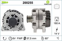 VALEO 200255 - Corriente de carga alternador [A]: 180<br>Tensión [V]: 12<br>Número de canales: 6<br>Cantidad de agujeros de fijación: 4<br>Poleas: con polea de rueda libre<br>Pinza: B+ M8<br>poleas - Ø [mm]: 54<br>Calidad: OE EQUIVALENT<br>Referencia artículo par: 455055<br>