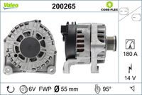 VALEO 200265 - Restricción de fabricante: VALEO<br>Tensión [V]: 14<br>Corriente de carga alternador [A]: 180<br>Tipo de sujeción: Fijación de tres puntos<br>Posición/Grado: L  95<br>Sentido de giro: Sentido de giro a la derecha (horario)<br>Poleas: con polea<br>Poleas: con polea para correa poli V<br>Número de nervaduras: 6<br>poleas - Ø [mm]: 55<br>Conexión / terminal/borne: sin conexión para cuentarrevoluciones<br>Pinza: B+<br>Peso [kg]: 7,53<br>