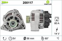 VALEO 200117 - año construcción desde: 03/1998<br>año construcción hasta: 07/2005<br>Clase de caja de cambios: Caja de cambios manual, 5 marchas<br>Equipamiento de vehículo: para vehículos sin aire acondicionado<br>Equipamiento de vehículo: para vehículos sin dirección asistida<br>Tensión [V]: 14<br>Corriente de carga alternador [A]: 70<br>Tipo de sujeción: Brazo oscilante doble<br>Posición/Grado: R  60<br>Sentido de giro: Sentido de giro a la derecha (horario)<br>Poleas: con polea<br>Poleas: con polea para correa poli V<br>Número de nervaduras: 1<br>poleas - Ø [mm]: 67<br>Pinza: B+ / D+<br>Peso [kg]: 5,69<br>