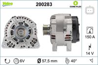 VALEO 200283 - Corriente de carga alternador [A]: 150<br>Tensión [V]: 12<br>Número de canales: 6<br>Cantidad de agujeros de fijación: 4<br>Poleas: con polea de rueda libre<br>Pinza: B+ M8<br>poleas - Ø [mm]: 54<br>para artículo nr.: A12VA0004A2<br>para OE N°: 71748885<br>Calidad: OE EQUIVALENT<br>Referencia artículo par: 455055<br>