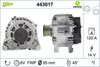 VALEO 443017 - Tensión [V]: 14<br>Corriente de carga alternador [A]: 120<br>Tipo de sujeción: Fijación de cuatro puntos<br>Posición/Grado: L  78<br>Sentido de giro: Sentido de giro a la derecha (horario)<br>Poleas: con polea<br>Poleas: con polea de rueda libre<br>Número de nervaduras: 6<br>poleas - Ø [mm]: 55<br>Conexión / terminal/borne: sin conexión para cuentarrevoluciones<br>Pinza: B+<br>Peso [kg]: 6,5<br>