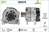 VALEO 200278 - Restricción de fabricante: BOSCH<br>Tensión [V]: 14<br>Corriente de carga alternador [A]: 120<br>Tipo de sujeción: Fijación de cuatro puntos<br>Posición/Grado: R  90<br>Sentido de giro: Sentido de giro a la derecha (horario)<br>Poleas: con polea<br>Poleas: con polea de rueda libre<br>Número de nervaduras: 6<br>poleas - Ø [mm]: 55<br>Conexión / terminal/borne: sin conexión para cuentarrevoluciones<br>Pinza: B+<br>Peso [kg]: 6,46<br>