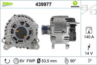 VALEO 439977 - Clase de caja de cambios: Caja de cambios manual, 5 marchas<br>Clase de caja de cambios: Caja de doble embrague 7 vel.<br>Tensión [V]: 14<br>Corriente de carga alternador [A]: 140<br>Tipo de sujeción: Fijación de cuatro puntos<br>Posición/Grado: R  90<br>Sentido de giro: Sentido de giro a la derecha (horario)<br>Poleas: con polea<br>Poleas: con polea de rueda libre<br>Número de nervaduras: 6<br>poleas - Ø [mm]: 54<br>Conexión / terminal/borne: sin conexión para cuentarrevoluciones<br>Pinza: B+<br>Peso [kg]: 7,73<br>