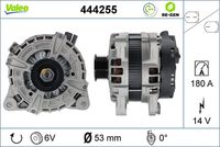 VALEO 444255 - Equipamiento de vehículo: para vehículos sin parabrisas frontal calefactado<br>Equipamiento de vehículo: para vehículos con calefacción asientos<br>Tensión [V]: 14<br>Corriente de carga alternador [A]: 180<br>Tipo de sujeción: Fijación de cuatro puntos<br>Sentido de giro: Sentido de giro a la derecha (horario)<br>Poleas: con polea<br>Poleas: con polea para correa poli V<br>Número de nervaduras: 6<br>poleas - Ø [mm]: 53<br>Pinza: B+ / com<br>Peso [kg]: 7,94<br>