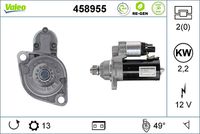 VALEO 458955 - Código de motor: CXEB<br>Código de motor: DMZA<br>Clase de caja de cambios: Caja de cambios manual, 6 marchas<br>Restricción de fabricante: BOSCH<br>Equipamiento de vehículo: para vehículos con freno regenerativo<br>Número de PR: 7L6<br>Número de PR: G0L<br>Equipamiento de vehículo: para vehículos con sistema Start&Stop<br>Tensión [V]: 12<br>Potencia nominal [kW]: 2,2<br>Número de dientes: 13<br>Número de orificios: 2<br>Sentido de giro: Sentido de giro a la izquierda (antihorario)<br>Posición/Grado: L  49<br>Diámetro de brida [mm]: 79<br>Peso [kg]: 4,13<br>