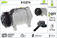 VALEO 813274 - año construcción hasta: 06/2017<br>Clase de caja de cambios: Caja automática, 8 marchas<br>Restricción de fabricante: DENSO<br>ID compresor: 6SEU<br>Agente frigorífico: R 134 a<br>Tensión [V]: 12<br>Capacidad aceite [ml]: 100<br>poleas - Ø [mm]: 110<br>Número de canales: 6<br>Capacidad compresor [cc]: 133<br>Artículo complementario / información complementaria 2: con aceite de compresor PAG<br>Aceite para compresor: PAG 46<br>Peso [kg]: 6,43<br>