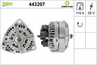 VALEO 443207 - Versión: 1<br>Tensión [V]: 28<br>Corriente de carga alternador [A]: 110<br>Tipo de sujeción: Fijación de tres puntos<br>Sentido de giro: Sentido de giro a la derecha (horario)<br>Poleas: sin polea<br>Pinza: B+ / W / L / 15 / S<br>Peso [kg]: 7,46<br>