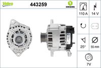 VALEO 443259 - Tensión [V]: 14<br>Corriente de carga alternador [A]: 140<br>Tipo de sujeción: Fijación de tres puntos<br>Posición/Grado: R  150<br>Sentido de giro: Sentido de giro a la derecha (horario)<br>Poleas: con polea<br>Poleas: con polea para correa poli V<br>Número de nervaduras: 7<br>poleas - Ø [mm]: 55<br>Conexión / terminal/borne: sin conexión para cuentarrevoluciones<br>Pinza: B+<br>Peso [kg]: 7,02<br>