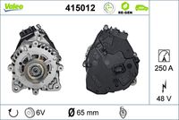 VALEO 415012 - Tensión [V]: 48<br>Corriente de carga alternador [A]: 250<br>Restricción de fabricante: VALEO<br>Número de nervaduras: 6<br>poleas - Ø [mm]: 65<br>Poleas: con polea<br>Poleas: con polea para correa poli V<br>Sentido de giro: Sentido de giro a la derecha (horario)<br>