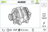 VALEO 444608 - Restricción de fabricante: VALEO<br>Tensión [V]: 14<br>Corriente de carga alternador [A]: 180<br>Tipo de sujeción: sujeción directa<br>Sentido de giro: Sentido de giro a la derecha (horario)<br>Poleas: con polea<br>Poleas: con polea de rueda libre<br>Número de nervaduras: 6<br>poleas - Ø [mm]: 57<br>Conexión / terminal/borne: sin conexión para cuentarrevoluciones<br>Pinza: B+<br>Peso [kg]: 7,745<br>