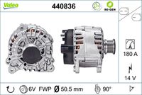 VALEO 440836 - Tensión [V]: 14<br>Corriente de carga alternador [A]: 180<br>Tipo de sujeción: Fijación de cuatro puntos<br>Posición/Grado: R  90<br>Sentido de giro: Sentido de giro a la derecha (horario)<br>Poleas: con polea<br>Poleas: con polea de rueda libre<br>Número de nervaduras: 6<br>poleas - Ø [mm]: 57<br>Conexión / terminal/borne: sin conexión para cuentarrevoluciones<br>Pinza: B+<br>Peso [kg]: 8,05<br>