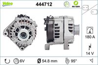 VALEO 444712 - año construcción desde: 06/2012<br>Clase de caja de cambios: Caja automática, 8 marchas<br>Clase de caja de cambios: Caja de cambios manual, 6 marchas<br>Tensión [V]: 14<br>Corriente de carga alternador [A]: 180<br>Tipo de sujeción: Fijación de tres puntos<br>Posición/Grado: L  95<br>Sentido de giro: Sentido de giro a la derecha (horario)<br>Poleas: con polea<br>Poleas: con polea de rueda libre<br>Número de nervaduras: 6<br>poleas - Ø [mm]: 55<br>Conexión / terminal/borne: sin conexión para cuentarrevoluciones<br>Pinza: B+<br>Peso [kg]: 7,73<br>