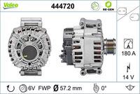 VALEO 444720 - Restricción de fabricante: VALEO<br>Equipamiento de vehículo: para vehículos sin sistema Start&Stop<br>Equipamiento de vehículo: para veh. sin recuperación energia de frenado<br>Número de PR: 7L3<br>Tensión [V]: 14<br>Corriente de carga alternador [A]: 140<br>Tipo de sujeción: sujeción directa<br>Sentido de giro: Sentido de giro a la derecha (horario)<br>Poleas: con polea<br>Poleas: con polea de rueda libre<br>Número de nervaduras: 6<br>poleas - Ø [mm]: 57<br>Conexión / terminal/borne: sin conexión para cuentarrevoluciones<br>Pinza: B+<br>Peso [kg]: 7,57<br>