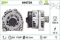 VALEO 444724 - Restricción de fabricante: VALEO<br>Tensión [V]: 14<br>Corriente de carga alternador [A]: 180<br>Tipo de sujeción: Fijación de tres puntos<br>Posición/Grado: L  95<br>Sentido de giro: Sentido de giro a la derecha (horario)<br>Poleas: con polea<br>Poleas: con polea para correa poli V<br>Número de nervaduras: 6<br>poleas - Ø [mm]: 55<br>Conexión / terminal/borne: sin conexión para cuentarrevoluciones<br>Pinza: B+<br>Peso [kg]: 7,46<br>