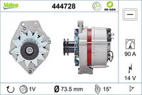 VALEO 444728 - año construcción desde: 08/1985<br>Código de motor: MH,NZ<br>Clase de caja de cambios: Caja de cambios manual, 4 marchas<br>Tensión [V]: 14<br>Corriente de carga alternador [A]: 65<br>Tipo de sujeción: Brazo oscilante doble<br>Posición/Grado: R  15<br>Sentido de giro: Sentido de giro a la derecha (horario)<br>Poleas: con polea<br>Poleas: con polea para correa poli V<br>Número de nervaduras: 1<br>poleas - Ø [mm]: 60<br>Conexión / terminal/borne: con conexión para cuentarrevoluciones<br>Pinza: B+ / D+<br>Peso [kg]: 5,02<br>