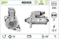 VALEO 460455 - Código de motor: CUUF<br>Código de motor: DFSC<br>Código de motor: DFSF<br>Restricción de fabricante: BOSCH<br>Equipamiento de vehículo: para vehículos con freno regenerativo<br>Número de PR: 7L6<br>Equipamiento de vehículo: para vehículos con sistema Start&Stop<br>Tensión [V]: 12<br>Potencia nominal [kW]: 2<br>Número de dientes: 13<br>Número de orificios: 3<br>Sentido de giro: Sentido de giro a la izquierda (antihorario)<br>Posición/Grado: R  134<br>Diámetro de brida [mm]: 79<br>Peso [kg]: 4,819<br>