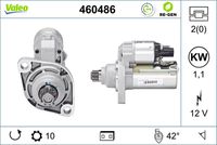 VALEO 460486 - Clase de caja de cambios: Caja de cambios manual, 6 marchas<br>Tensión [V]: 12<br>Potencia nominal [kW]: 2<br>Nº de dientes 1: 10<br>Número de dientes: 11<br>Número de orificios: 2<br>Sentido de giro: Sentido de giro a la izquierda (antihorario)<br>Posición/Grado: L  42<br>Pinza: NO<br>Diámetro de brida [mm]: 76<br>Peso [kg]: 3,66<br>