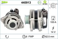 VALEO 440913 - año construcción desde: 01/2009<br>Tensión [V]: 14<br>Corriente de carga alternador [A]: 100<br>Tipo de sujeción: Fijación de tres puntos<br>Sentido de giro: Sentido de giro a la derecha (horario)<br>Poleas: con polea<br>Poleas: con polea de rueda libre<br>Número de nervaduras: 6<br>poleas - Ø [mm]: 58<br>Pinza: B+ / IG / RLO / L /<br>Peso [kg]: 6,16<br>