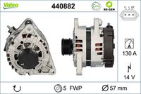 VALEO 440882 - año construcción hasta: 05/2015<br>Clase de caja de cambios: Automático, 6 vel.<br>Clase de caja de cambios: Caja de cambios manual, 6 marchas<br>Tensión [V]: 14<br>Corriente de carga alternador [A]: 130<br>Tipo de sujeción: Fijación de tres puntos<br>Posición/Grado: L  55<br>Sentido de giro: Sentido de giro a la derecha (horario)<br>Poleas: con polea<br>Poleas: con polea de rueda libre<br>Número de nervaduras: 5<br>poleas - Ø [mm]: 57<br>Pinza: B+ / C / L / Df<br>Peso [kg]: 6,45<br>