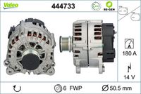 VALEO 444733 - Código de motor: CGLC<br>Código de motor: CMGB<br>Restricción de fabricante: VALEO<br>Tensión [V]: 14<br>Corriente de carga alternador [A]: 180<br>Tipo de sujeción: Fijación de cuatro puntos<br>Posición/Grado: R  90<br>Sentido de giro: Sentido de giro a la derecha (horario)<br>Poleas: con polea<br>Poleas: con polea de rueda libre<br>Número de nervaduras: 6<br>poleas - Ø [mm]: 51<br>Conexión / terminal/borne: sin conexión para cuentarrevoluciones<br>Pinza: B+<br>Peso [kg]: 7,53<br>