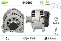 VALEO 440600 - año construcción hasta: 02/2013<br>Equipamiento de vehículo: para vehículos con sistema Start&Stop<br>Tensión [V]: 14<br>Corriente de carga alternador [A]: 140<br>Tipo de sujeción: Fijación de cuatro puntos<br>Posición/Grado: R  90<br>Sentido de giro: Sentido de giro a la derecha (horario)<br>Poleas: con polea<br>Poleas: con polea de rueda libre<br>Número de nervaduras: 6<br>poleas - Ø [mm]: 51<br>Conexión / terminal/borne: sin conexión para cuentarrevoluciones<br>Pinza: B+<br>Peso [kg]: 7,63<br>