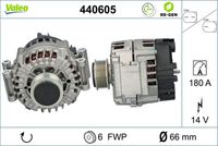 VALEO 440605 - Restricción de fabricante: HITACHI<br>Restricción de fabricante: VALEO<br>Tensión [V]: 14<br>Corriente de carga alternador [A]: 180<br>Tipo de sujeción: sujeción directa<br>Sentido de giro: Sentido de giro a la derecha (horario)<br>Poleas: con polea<br>Poleas: con polea de rueda libre<br>Número de nervaduras: 6<br>poleas - Ø [mm]: 66<br>Conexión / terminal/borne: sin conexión para cuentarrevoluciones<br>Pinza: B+<br>Peso [kg]: 7,926<br>