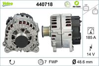 VALEO 440718 - Tensión [V]: 14<br>Corriente de carga alternador [A]: 150<br>Tipo de sujeción: Fijación de cuatro puntos<br>Posición/Grado: R  90<br>Sentido de giro: Sentido de giro a la derecha (horario)<br>Poleas: con polea<br>Poleas: con polea de rueda libre<br>Número de nervaduras: 7<br>poleas - Ø [mm]: 50<br>Conexión / terminal/borne: sin conexión para cuentarrevoluciones<br>Pinza: B+<br>Peso [kg]: 6,57<br>