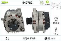 VALEO 440782 - año construcción hasta: 02/2021<br>Clase de caja de cambios: Caja automática, 8 marchas<br>Clase de caja de cambios: Caja de cambios manual, 6 marchas<br>Tensión [V]: 14<br>Corriente de carga alternador [A]: 250<br>Tipo de sujeción: Fijación de cuatro puntos<br>Posición/Grado: L  37<br>Sentido de giro: Sentido de giro a la derecha (horario)<br>Poleas: con polea<br>Poleas: con polea de rueda libre<br>Número de nervaduras: 6<br>poleas - Ø [mm]: 56<br>Conexión / terminal/borne: sin conexión para cuentarrevoluciones<br>Pinza: M8<br>Peso [kg]: 7,84<br>