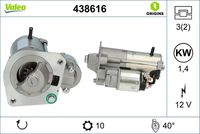 VALEO 438616 - N.º de chasis (VIN) desde: 90101<br>Equipamiento de vehículo: para vehículos sin sistema Start&Stop<br>Tensión [V]: 12<br>Potencia nominal [kW]: 1,4<br>Número de dientes: 10<br>Número de orificios: 3<br>Cant. taladros roscados: 3<br>Sentido de giro: Sentido de giro a la derecha (horario)<br>Posición/Grado: L  40<br>Diámetro de brida [mm]: 71<br>Peso [kg]: 3,26<br>