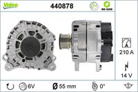 VALEO 440878 - Restricción de fabricante: BOSCH<br>Tensión [V]: 14<br>Corriente de carga alternador [A]: 120<br>Tipo de sujeción: Fijación de cuatro puntos<br>Posición/Grado: R  90<br>Sentido de giro: Sentido de giro a la derecha (horario)<br>Poleas: con polea<br>Poleas: con polea de rueda libre<br>Número de nervaduras: 6<br>poleas - Ø [mm]: 55<br>Conexión / terminal/borne: sin conexión para cuentarrevoluciones<br>Pinza: B+<br>Peso [kg]: 6,77<br>