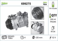 VALEO 699275 - ID compresor: DCW17D<br>poleas - Ø [mm]: 119<br>Número de nervaduras: 4<br>para OE N°: 8D0260805M<br>Tensión [V]: 12<br>Calidad: OE EQUIVALENT<br>