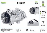 VALEO 813207 - ID culata (compresor): VPV-VPT<br>Tipo de sujeción: sujeción directa<br>poleas - Ø [mm]: 123<br>Técnica conexión: V-B<br>Agente frigorífico: R 134 a<br>Restricción de fabricante: SANDEN<br>ID compresor: 7V16<br>Número de canales: 6<br>