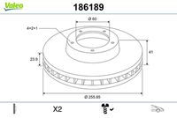 VALEO 186189 - Lado de montaje: Eje delantero<br>Altura de bujes de discos de freno [mm]: 17,15<br>Llanta, nº de taladros: 4<br>Altura [mm]: 41<br>Tipo de disco de frenos: ventilado<br>Espesor de disco de frenos [mm]: 24<br>Espesor mínimo [mm]: 21<br>Diámetro exterior [mm]: 256<br>Diámetro de centrado [mm]: 60<br>corona de agujeros - Ø [mm]: 100<br>