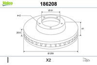 VALEO 186208 - Altura de bujes de discos de freno [mm]: 20,2<br>Lado de montaje: Eje delantero<br>Llanta, nº de taladros: 4<br>Altura [mm]: 41<br>Tipo de disco de frenos: ventilado<br>Espesor de disco de frenos [mm]: 20,7<br>Espesor mínimo [mm]: 17,7<br>Diámetro exterior [mm]: 259<br>Diámetro de centrado [mm]: 61<br>corona de agujeros - Ø [mm]: 100<br>