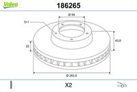 VALEO 186265 - Altura de bujes de discos de freno [mm]: 21,5<br>Llanta, nº de taladros: 5<br>Altura [mm]: 43,5<br>Tipo de disco de frenos: ventilado<br>Espesor de disco de frenos [mm]: 22<br>Espesor mínimo [mm]: 20,2<br>Diámetro exterior [mm]: 284<br>Diámetro de centrado [mm]: 59<br>corona de agujeros - Ø [mm]: 98<br>Lado de montaje: Eje delantero<br>