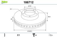 VALEO 186712 - Altura de bujes de discos de freno [mm]: 21,6<br>Lado de montaje: Eje delantero<br>Llanta, nº de taladros: 5<br>Altura [mm]: 49,7<br>Tipo de disco de frenos: ventilado<br>Espesor de disco de frenos [mm]: 28<br>Espesor mínimo [mm]: 24<br>Diámetro exterior [mm]: 305<br>Diámetro de centrado [mm]: 72<br>corona de agujeros - Ø [mm]: 118<br>