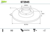 VALEO 672551 - año construcción hasta: 03/2015<br>Lado de montaje: Eje trasero<br>Tipo de disco de frenos: macizo<br>Diámetro exterior [mm]: 280<br>Espesor de disco de frenos [mm]: 11<br>Diámetro de centrado [mm]: 63,5<br>Altura [mm]: 50,8<br>Espesor mínimo [mm]: 9<br>Llanta, nº de taladros: 5<br>Homologación: ECE-R90<br>Peso [kg]: 9,91<br>