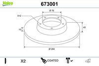 VALEO 672847 - Tamaño de llanta [pulgada]: 16,0<br>Lado de montaje: Eje delantero<br>Tipo de disco de frenos: ventilado<br>Superficie: revestido<br>Diámetro exterior [mm]: 305<br>Espesor de disco de frenos [mm]: 25<br>Diámetro de centrado [mm]: 69<br>Altura [mm]: 46,8<br>Espesor mínimo [mm]: 23,4<br>Llanta, nº de taladros: 5<br>Cantidad de agujeros de fijación: 2<br>Artículo complementario / información complementaria 2: sin tornillos<br>Artículo complementario / información complementaria 2: sin cojimete rueda incorporado<br>Homologación: ECE-R90<br>Peso [kg]: 8,15<br>