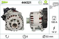 VALEO 444321 - año construcción desde: 04/2015<br>año construcción hasta: 06/2018<br>Equipamiento de vehículo: para vehículos con sistema Start&Stop<br>Tensión [V]: 14<br>Corriente de carga alternador [A]: 180<br>Tipo de sujeción: Fijación de cuatro puntos<br>Sentido de giro: Sentido de giro a la derecha (horario)<br>Poleas: con polea<br>Poleas: con polea para correa poli V<br>Número de nervaduras: 6<br>poleas - Ø [mm]: 53<br>Peso [kg]: 9,24<br>